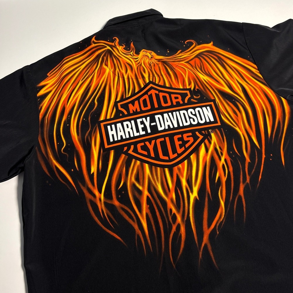 Harley Davidson Motorcycle Phoenix Flame Men XL Black Biker Button up Logo Shirt
